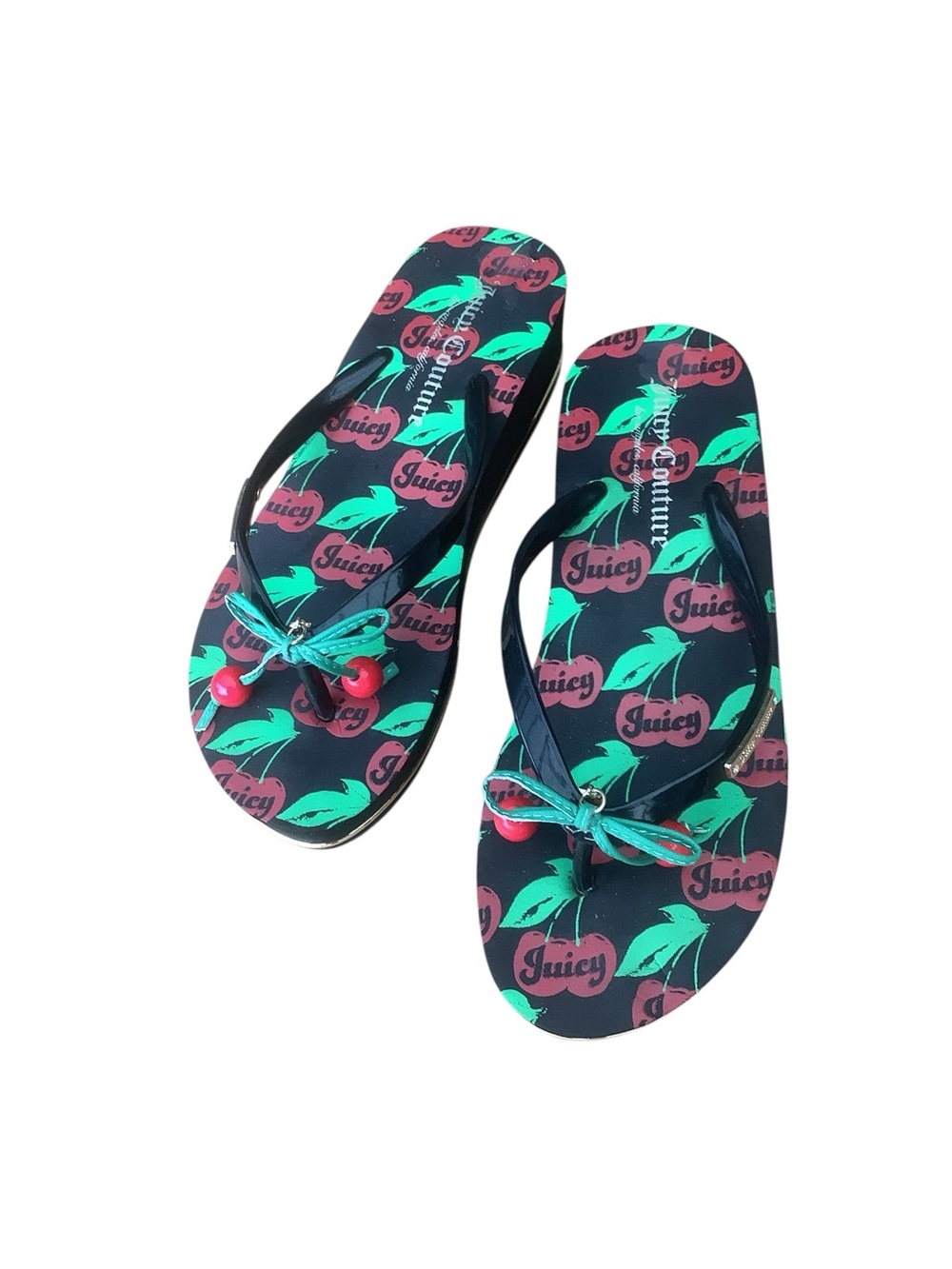 Juicy Couture Cherry Print Platform Flip Flops Size 6 Y2K Glam Wedge Sandals - Picture 5 of 6